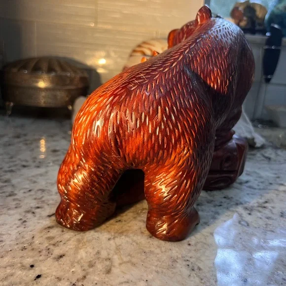 Vintage Japan Ainu Brown Bear with Fish Carved Solid wood! - Picture 9 of 15